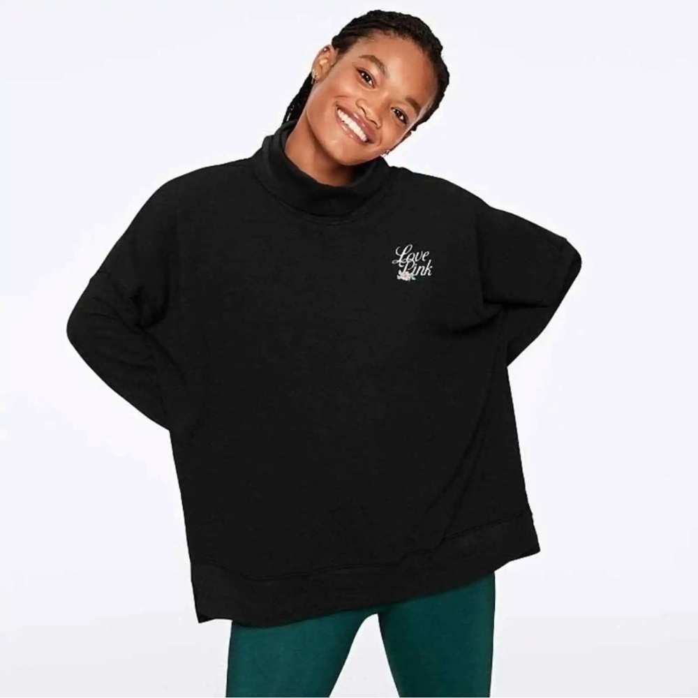 VICTORIA'S Secret PINK Women Love Logo Turtleneck Long Sleeve Tunic Tee Black